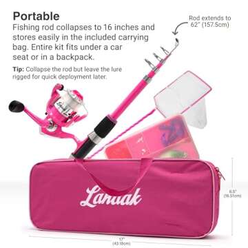 Lanaak Kids Fishing Pole and Tackle Box - with Net, Travel Bag, Reel and Beginner’s Guide - Rod and Reel Kit for Boys, Girls, or Youth (Pink - Open Reel)