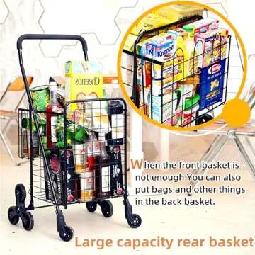 Kiffler Grocery Shopping Cart with 360° Rolling Swivel Wheels Stair Climber Utility Cart Easily Collapsible Cart with Tri-Wheels, 66lb Extended Foam Cover, Trolley for Stair, Laundry, Travel (Black)