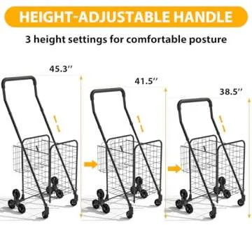 Kiffler Grocery Shopping Cart with 360° Rolling Swivel Wheels Stair Climber Utility Cart Easily Collapsible Cart with Tri-Wheels, 66lb Extended Foam Cover, Trolley for Stair, Laundry, Travel (Black)