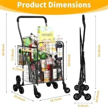 Kiffler Grocery Shopping Cart with 360° Rolling Swivel Wheels Stair Climber Utility Cart Easily Collapsible Cart with Tri-Wheels, 66lb Extended Foam Cover, Trolley for Stair, Laundry, Travel (Black)