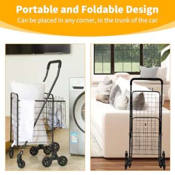 Kiffler Grocery Shopping Cart with 360° Rolling Swivel Wheels Stair Climber Utility Cart Easily Collapsible Cart with Tri-Wheels, 66lb Extended Foam Cover, Trolley for Stair, Laundry, Travel (Black)