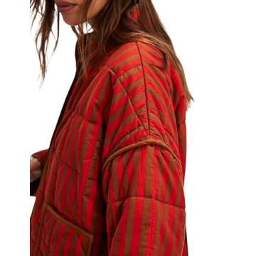 InterNos Womens Quilted Jacket Lightweight Winter Striped Stand Collar Padded Puffer Cardigan Coat with Pockets (0970-Red-XS)