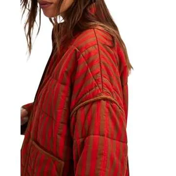 InterNos Womens Quilted Jacket Lightweight Winter Striped Stand Collar Padded Puffer Cardigan Coat with Pockets (0970-Red-XS)