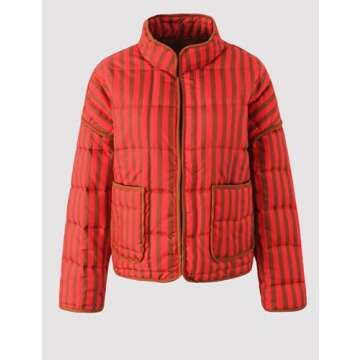 InterNos Womens Quilted Jacket Lightweight Winter Striped Stand Collar Padded Puffer Cardigan Coat with Pockets (0970-Red-XS)