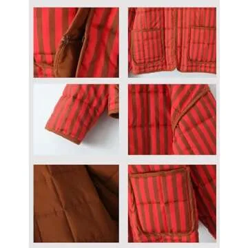 InterNos Womens Quilted Jacket Lightweight Winter Striped Stand Collar Padded Puffer Cardigan Coat with Pockets (0970-Red-XS)