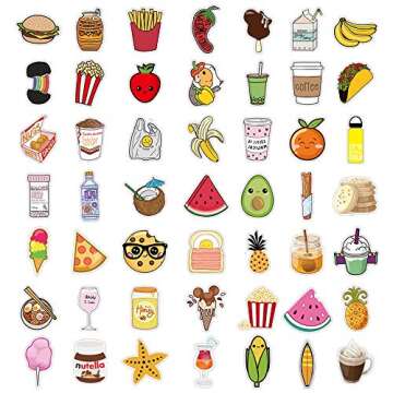 Vsco Cute Food Stickers for Water Bottles 100 Pcs Waterproof Aesthetic Trendy Stickers for Teens Kids Girls and Boys, Perfect for Laptop Notebook Tablet Phone Car Travel Extra Durable 100% Vinyl