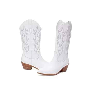 YEOTREAN women's Western Cowboy boots Embroidered mid-calf boots