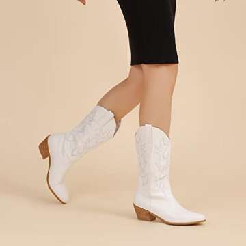 YEOTREAN women's Western Cowboy boots Embroidered mid-calf boots