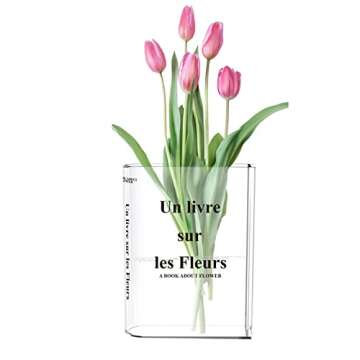 Foxmey Book Vase for Flowers, Acrylic Clear Book Vase, Book Shape Vases for Tulips, Transparent Book Vase for Bedroom Table Decoration Living Room Office, Book Shape Flower Vase Minimalist