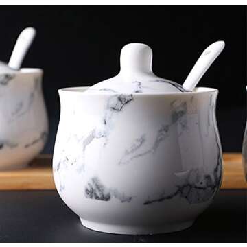 123Arts Ceramics Marbling Sugar Salt Pepper Storage Jar Seasoning Pot with Lid And Spoon