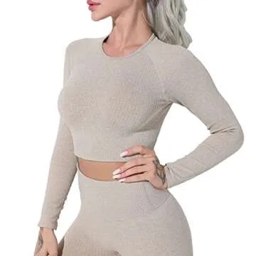 Workout Sets for Women 2 Piece Long Sleeve Seamless Crop Tops Gym Clothes Outfit