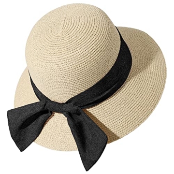 Lanzom Sun Hats for Women Wide Brim Straw Hat Summer Beach Hat Foldable Packable Cap for Travel Outdoor (Style F-Beige)