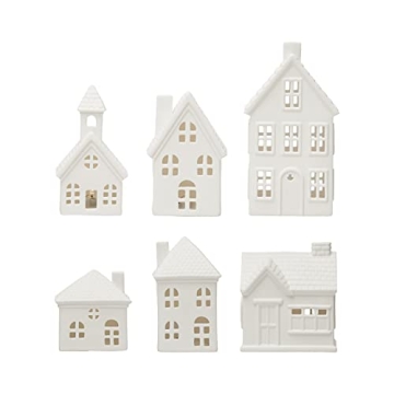 LED Stoneware Bisque Houses Set of 6 Festive Decor