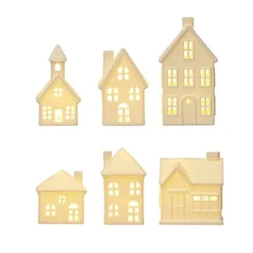 LED Stoneware Bisque Houses Set of 6 Festive Decor