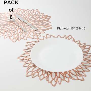 Snowkingdom 6 Pack Rose Gold Placemats Metallic Pressed Vinyl for Dinning Table Mats Decoration Round Floral Charger Plates Bridal Shower Party Birthday Wedding Valentine Christmas
