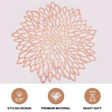 Snowkingdom 6 Pack Rose Gold Placemats Metallic Pressed Vinyl for Dinning Table Mats Decoration Round Floral Charger Plates Bridal Shower Party Birthday Wedding Valentine Christmas