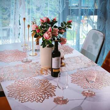 Snowkingdom 6 Pack Rose Gold Placemats Metallic Pressed Vinyl for Dinning Table Mats Decoration Round Floral Charger Plates Bridal Shower Party Birthday Wedding Valentine Christmas