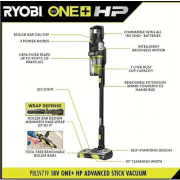 RYOBI ONE+ HP 18V Cordless Advanced Whisper Series Stick Vacuum Kit with 4.0 Ah Battery and Charger ...