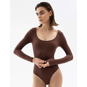 PUMIEY Long Sleeve Bodysuit For Women Sexy Scoop Neck Tops Brown Body Suits Womens Fashion Tiramisu ...