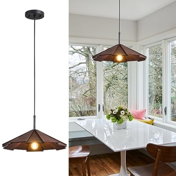 ADCTHOME Farmhouse Pendant Light Wood Hanging Light Ceiling Chandelier, Modern Adjustable Hanging Ceiling Light Fixtures for Kitchen Island,Dining Room, Living Room, Bedroom(1-Pack)