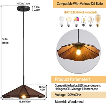 ADCTHOME Farmhouse Pendant Light Wood Hanging Light Ceiling Chandelier, Modern Adjustable Hanging Ceiling Light Fixtures for Kitchen Island,Dining Room, Living Room, Bedroom(1-Pack)