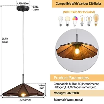 ADCTHOME Farmhouse Pendant Light Wood Hanging Light Ceiling Chandelier, Modern Adjustable Hanging Ceiling Light Fixtures for Kitchen Island,Dining Room, Living Room, Bedroom(1-Pack)