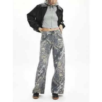 SCOFEEL Women Camo Jeans Wide Leg Denim Pants Mid Waist Baggy Jeans