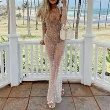 Honganda Sexy Women's Sheer Mesh Pearl Rhinestone Beach Cover Up Dress See Through Maxi Dress for Bachelorette Party White