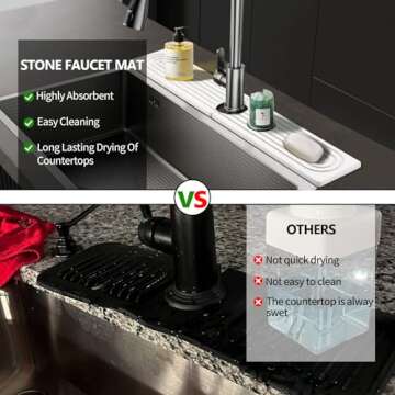 Stone Faucet Mat For Kitchen Sink, 23.6" Diatomite Quick Drying Stone Mat For Kitchen Sink, Stone Sink Splash Guard, Super Absorbent, Sink Stone Quick Dry Around Faucet For Bathroom Counter (White)