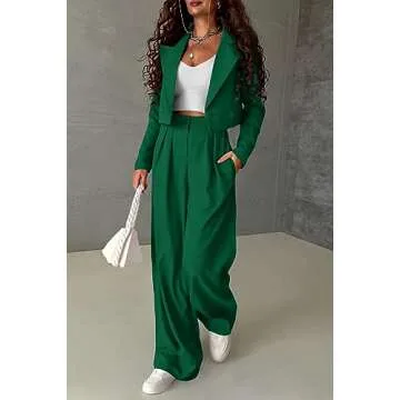 PRETTYGARDEN Women's 2 Piece Casual Outfits Cropped Blazer Jackets High Waisted Wide Leg Work Pants Suit Set (Green,Medium)