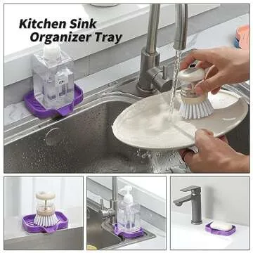 MicoYang Silicone Bathroom Soap Dishes with Drain Spout-Bathroom and Kitchen Sink Organizer,Sponge Holder,Dish Soap Tray,Perfect for Dispenser,Scrubber,Bottle,Cup on Sink or Counter-Purple 4.9"×3.2"