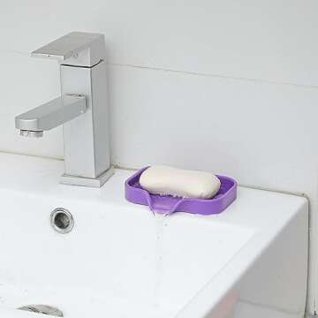 MicoYang Silicone Bathroom Soap Dishes with Drain Spout-Bathroom and Kitchen Sink Organizer,Sponge Holder,Dish Soap Tray,Perfect for Dispenser,Scrubber,Bottle,Cup on Sink or Counter-Purple 4.9"×3.2"
