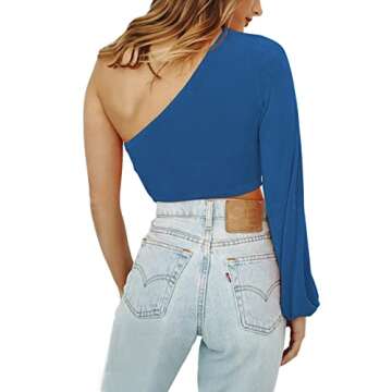LYANER Women's Sexy One Shoulder Cut Out Bishop Long Sleeve Crop Tee Blouse Top Blue X-Small