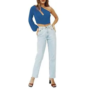 LYANER Women's Sexy One Shoulder Cut Out Bishop Long Sleeve Crop Tee Blouse Top Blue X-Small