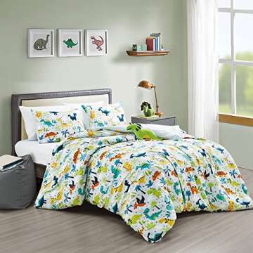 Chezmoi Collection 4-Piece Dino Kids Bedding Sets Full Size - Soft Microfiber Baby Blue Multi-Color Dinosaurs Comforter Set Full/Queen