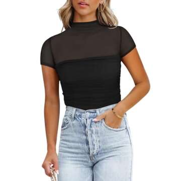 REORIA Sexy Bodysuits for Women Classic Mock Turtle Neck Short Sleeve Slim Fit Shirts Sheer Mesh Ruched Trendy Going Out Tops Cute Office Bodysuits Black Small