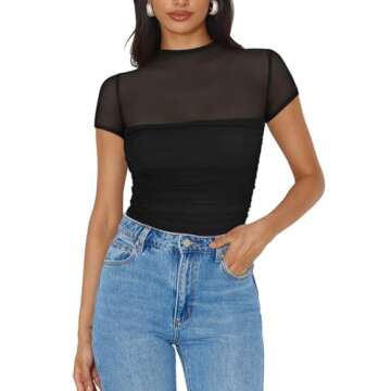 REORIA Sexy Bodysuits for Women Classic Mock Turtle Neck Short Sleeve Slim Fit Shirts Sheer Mesh Ruched Trendy Going Out Tops Cute Office Bodysuits Black Small