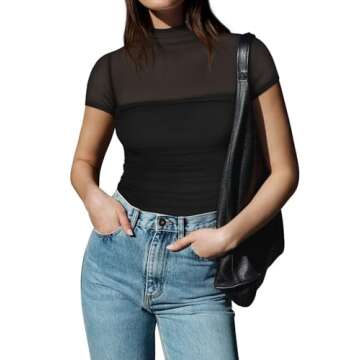 REORIA Sexy Bodysuits for Women Classic Mock Turtle Neck Short Sleeve Slim Fit Shirts Sheer Mesh Ruched Trendy Going Out Tops Cute Office Bodysuits Black Small