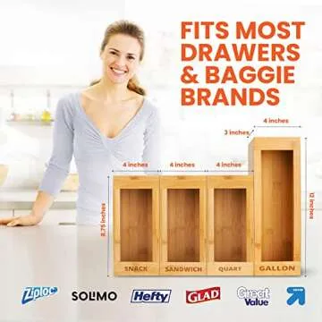 mHomeAid Bag Storage Organizer - Bamboo Food Plastic Baggie Holder, Dispenser, and Container for Kitchen Drawer - Fits Ziplock and Ziploc Gallon, Quart, Sandwich & Snack Sized Slider Bags (Bamboo)