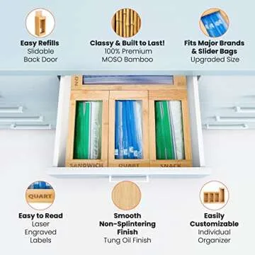 mHomeAid Bag Storage Organizer - Bamboo Food Plastic Baggie Holder, Dispenser, and Container for Kitchen Drawer - Fits Ziplock and Ziploc Gallon, Quart, Sandwich & Snack Sized Slider Bags (Bamboo)