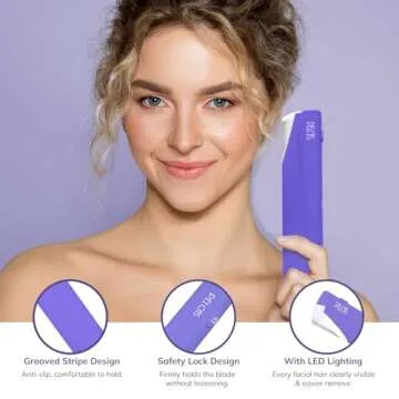 PELCAS Electric Dermaplaning Tool with LED Light, Mini Face Dermaplaning Razor, Painless 3 Speeds Facial Peach Fuzz, Exfoliation & Hair Removal System for Women At Home with 6 Blades BV18-712 Purple