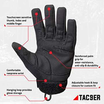 TAC9ER Kevlar Lined Gloves - Full Hand Protection Black Gloves, Cut and Temperature Resistant, Motorcycle Gloves, Touchscreen Friendly, Paintball and Airsoft Gloves for Men and Women