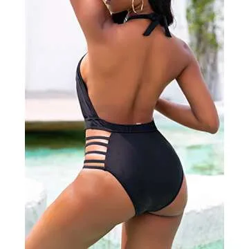 Aqua Eve Women Sexy One Piece Swimsuits Halter Plunge V Neck Cutout Bathing Suits Black Medium
