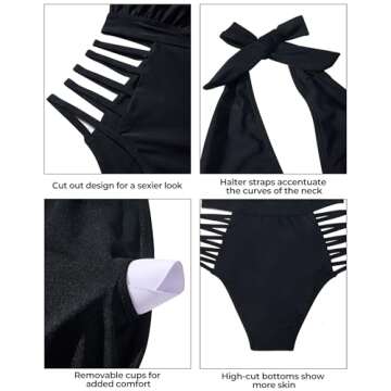 Aqua Eve Women Sexy One Piece Swimsuits Halter Plunge V Neck Cutout Bathing Suits Black Medium