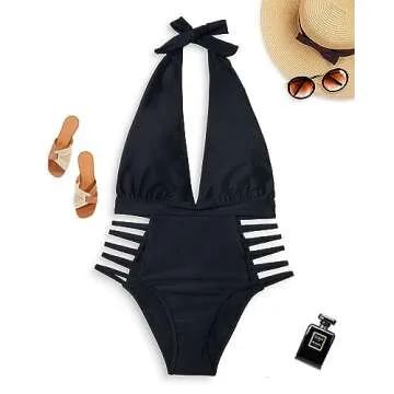 Aqua Eve Women Sexy One Piece Swimsuits Halter Plunge V Neck Cutout Bathing Suits Black Medium