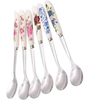 Aiptosy 6 Pack Stainless Steel Coffee Spoon Ceramic Handle Teaspoon Sugar Spoon Ice Cream Desert Spoon Stirring Soup tableware
