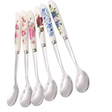 Aiptosy 6 Pack Stainless Steel Coffee Spoon Ceramic Handle Teaspoon Sugar Spoon Ice Cream Desert Spoon Stirring Soup tableware