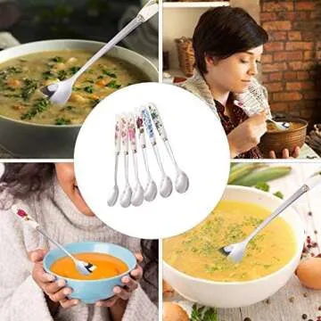 Aiptosy 6 Pack Stainless Steel Coffee Spoon Ceramic Handle Teaspoon Sugar Spoon Ice Cream Desert Spoon Stirring Soup tableware