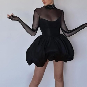 Black Mesh Mini Dress Long Sleeve Slim Fit See-Through