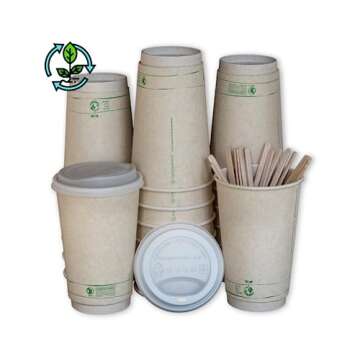 Certified Compostable Coffee Cups | 16oz - 75 Cups with Lids & Sleeves